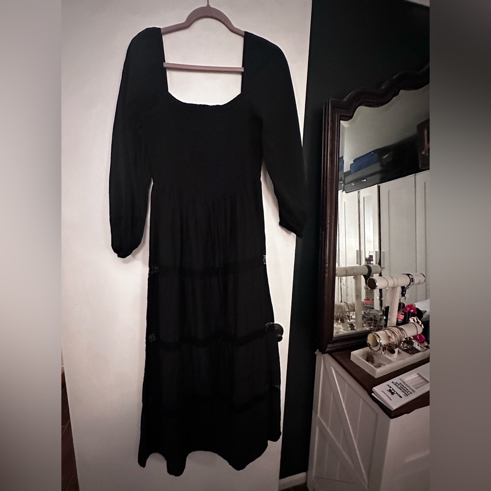 Reformation Black Long Sleeve Tiered Maxi Dress